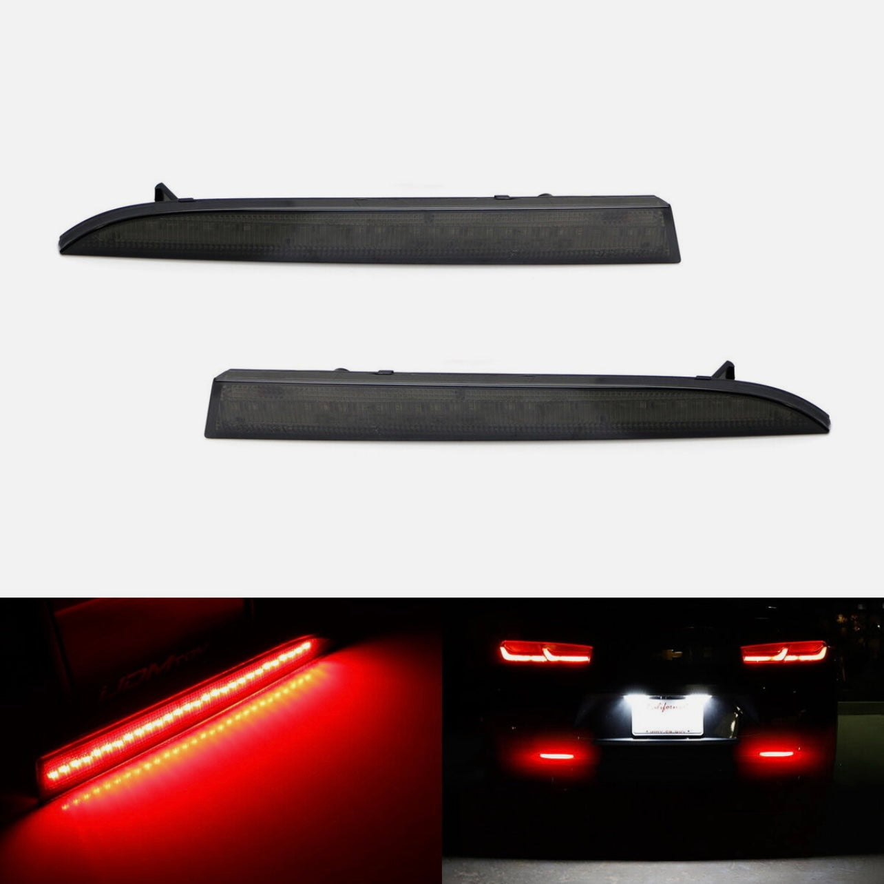 SMOKED LENS RED LED REAR BUMPER REFLECTOR LIGHTS for 2016-2024 CHEVROLET CAMARO